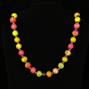 Bronze Tone Metal Multicolor Painted Rubber Beaded Stretchy Necklace 20" Floral